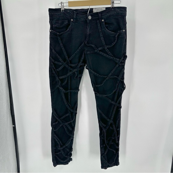 FWRD Denim Jeans Strappy Black Distressed Mens 34Wx32L Fit 1 SLIM punk goth - Picture 1 of 15